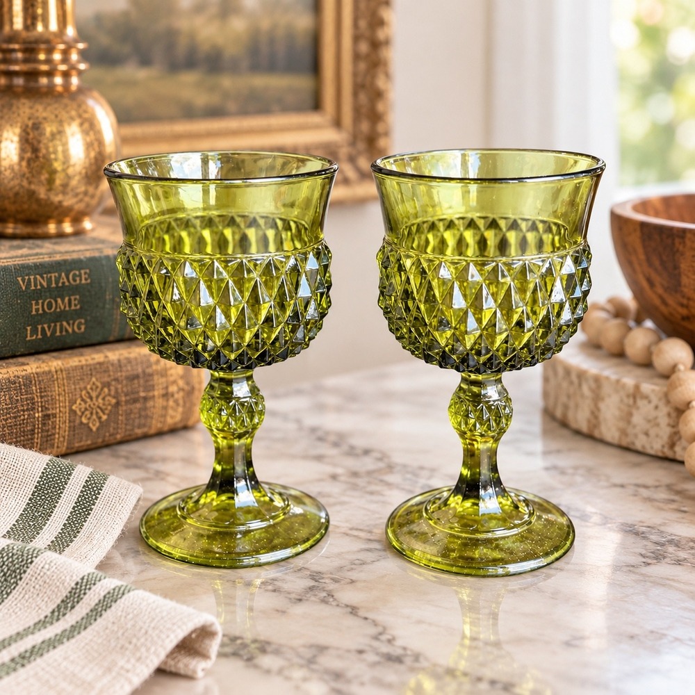 Vintage Indiana Glass Diamond Point Avocado Green Goblets Set of 2 MCM Stemware